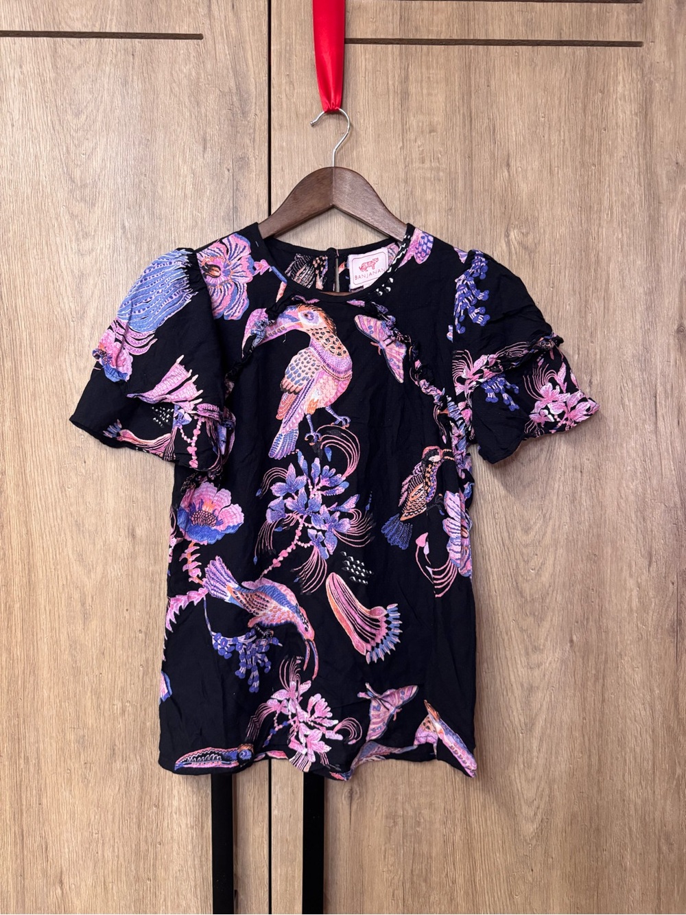 Banjanan Anthropologie Black Neon Ruffle Short Sleeve Bird Print S